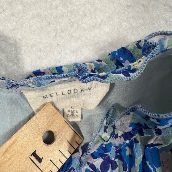 Melloday Mini Shift Dress 3/4 Sleeve Size Large Blue Floral Pleated Ruffle Neck - Picture 3 of 10